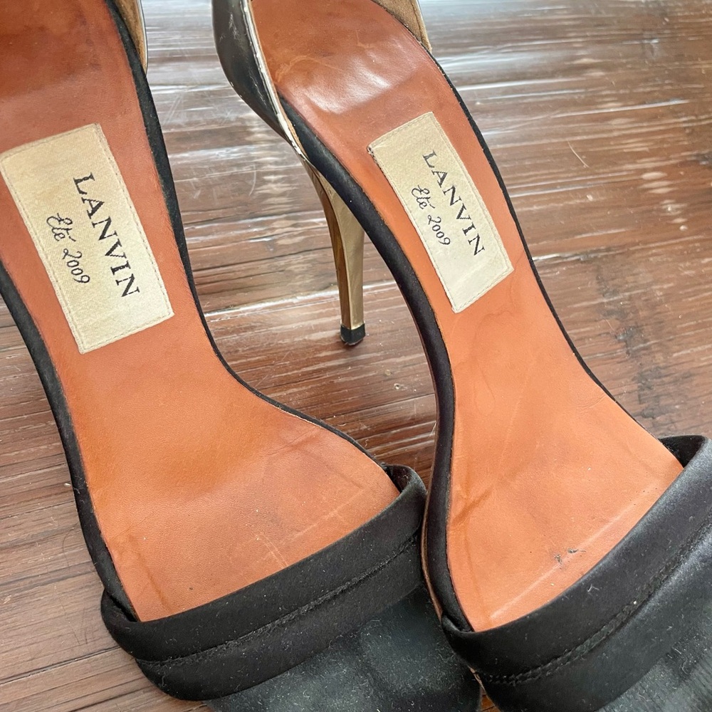 Lanvin black satin cloth with gold heels in size 38 1/2